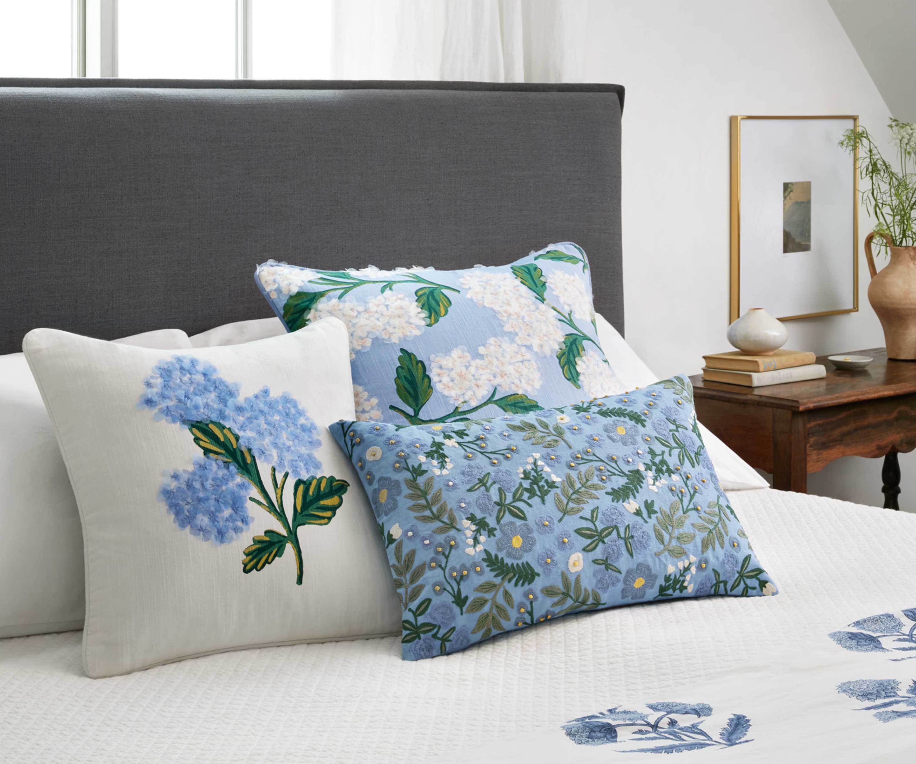 Wildwood Garden Embroidered Lumbar Pillow - French Blue - Image 3